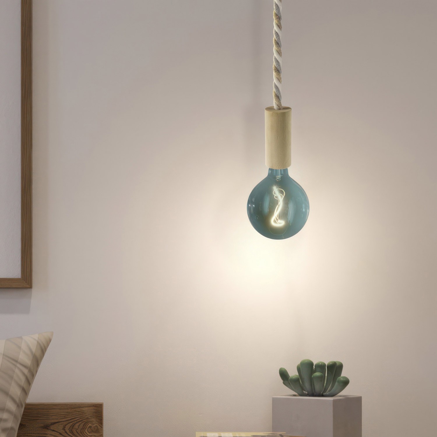 Viseća lampa s mornarskim užem XL kabelom i drvenim dijelovima - Proizvedeno u Italiji
