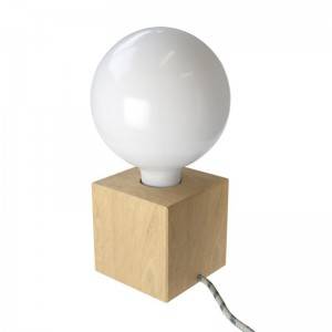 Posaluce Cubetto, naša drvena stolna lampa u kompletu s žaruljom, tekstilnim kabelom , prekidačem i utikačem