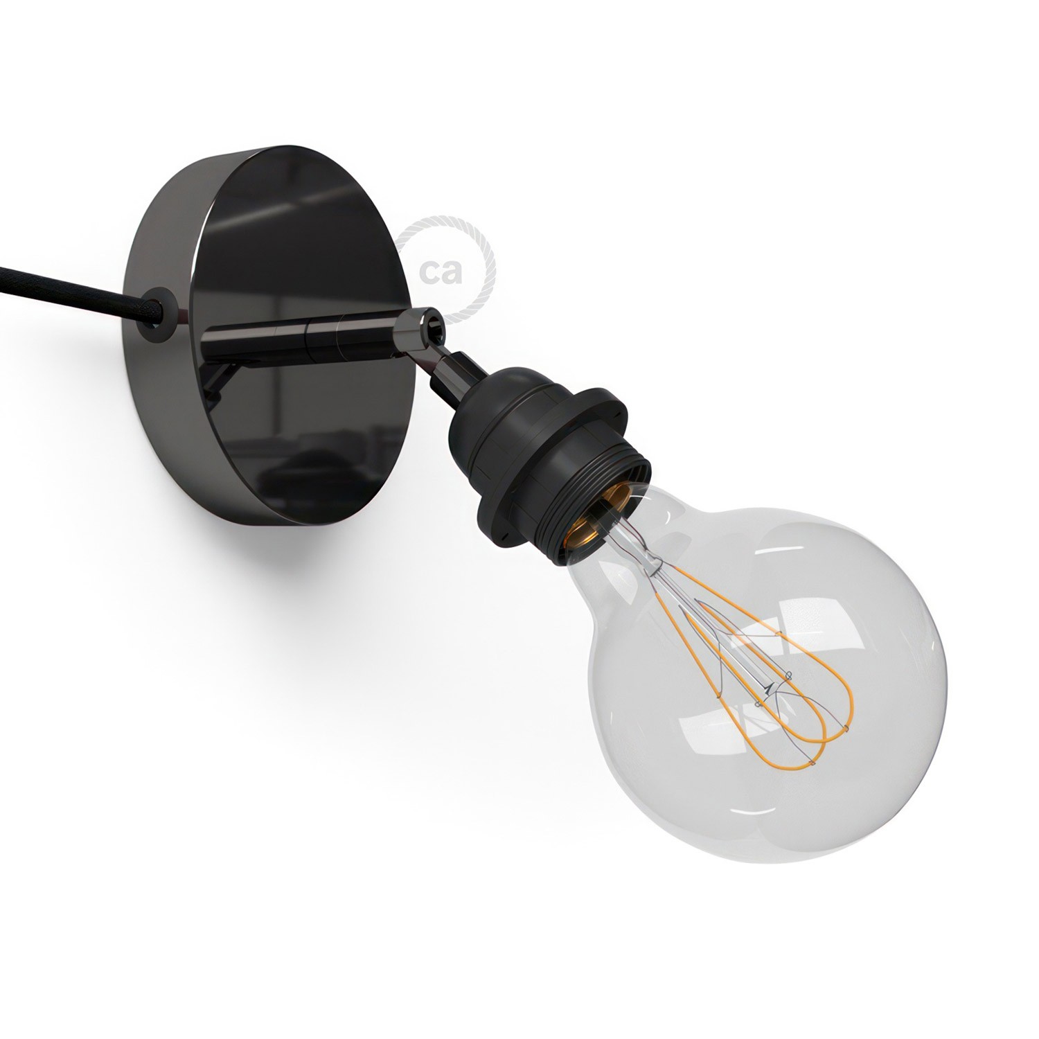 Spostaluce Metallo 90°, zglobna lampa s grlom E27 s dva navojna prstena, tekstilnim kabelom i bočnim rupama