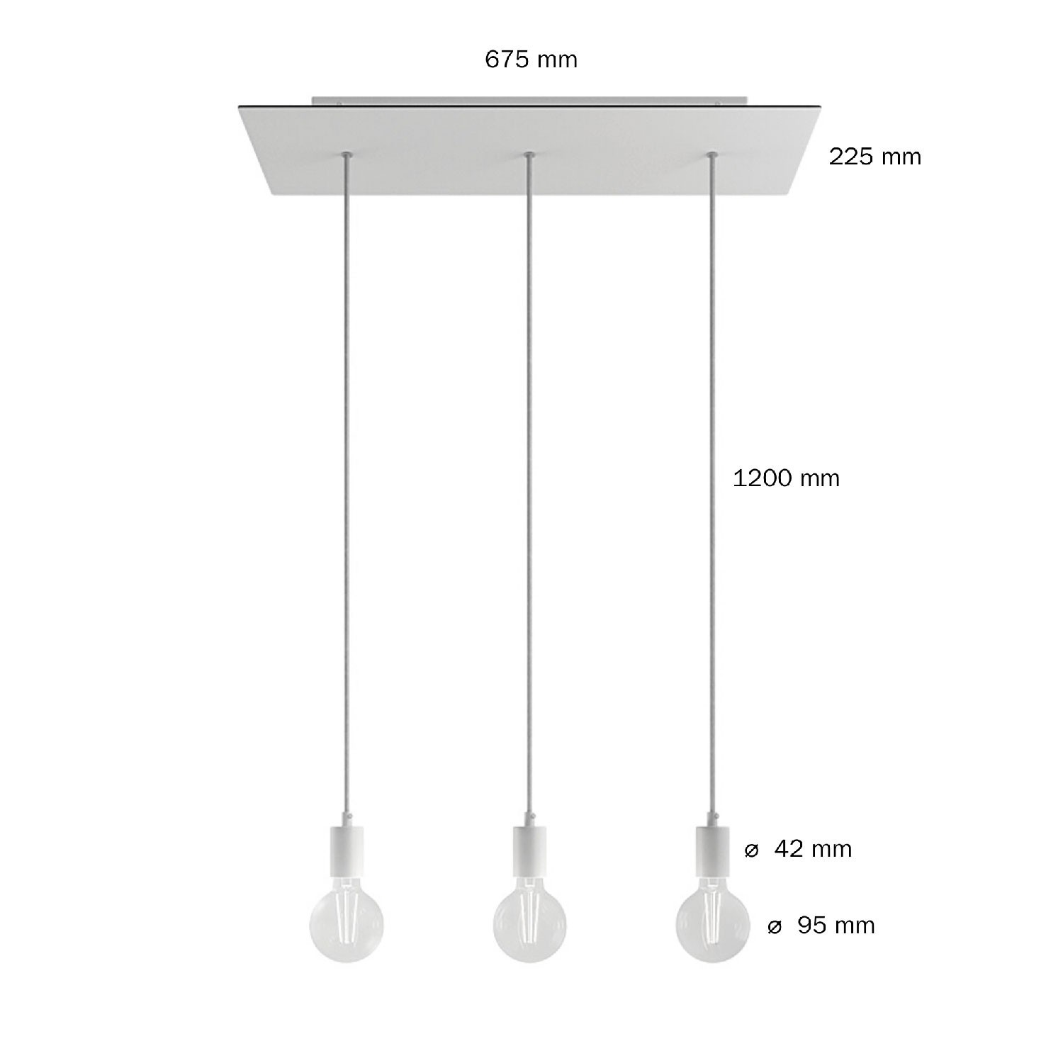 Viseća svjetiljka s 3 ispusta, pravokutnom XXL Rose-One rozetom 675 mm, tekstilnim kabelom, komponente u bojama metala.