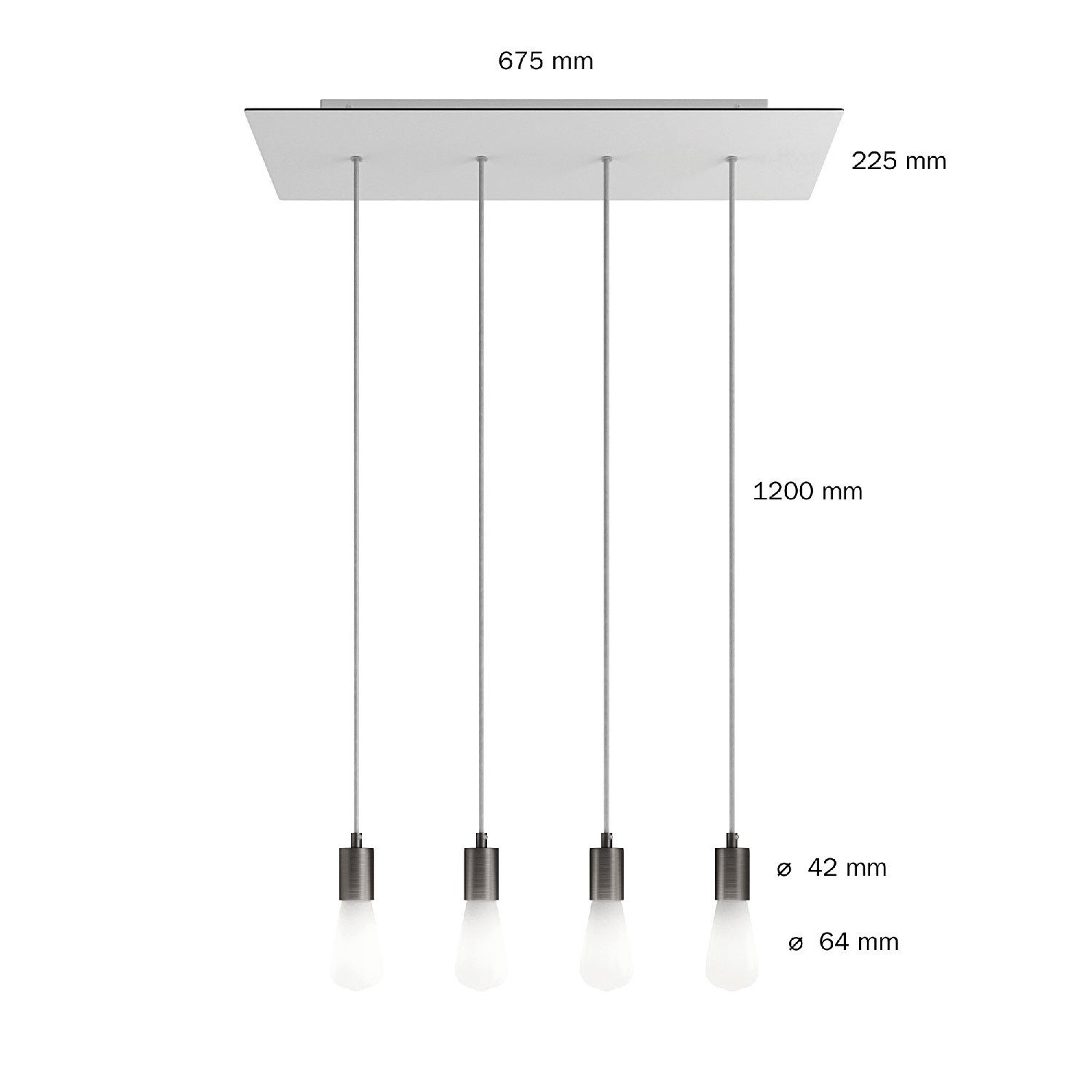 Viseća svjetiljka s 4 ispusta, pravokutnom XXL Rose-One rozetom 675 mm, tekstilnim kabelom, komponente u bojama metala.