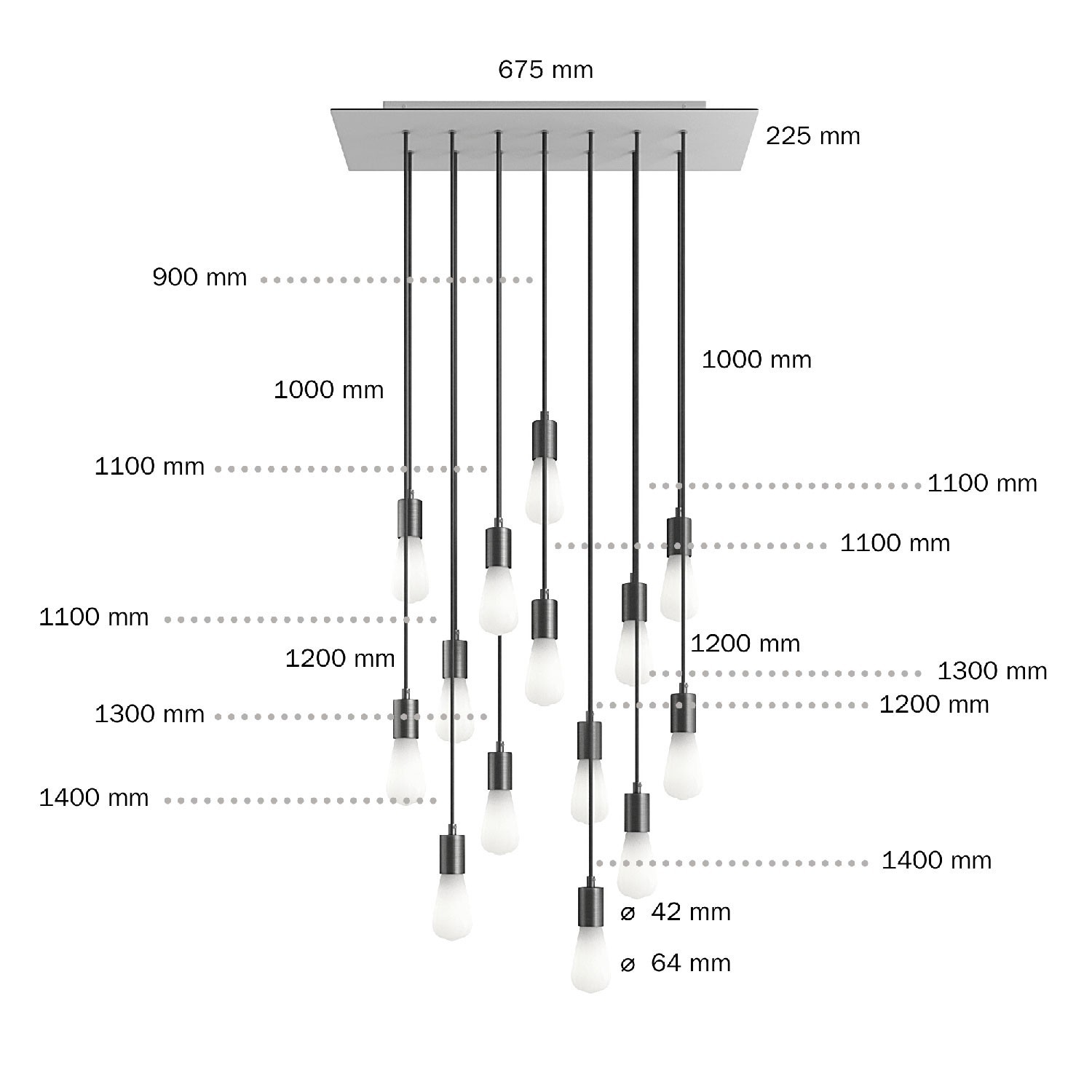 Viseća svjetiljka s 14 ispusta, pravokutnom XXL Rose-One rozetom 675 mm, tekstilnim kabelom, komponente u bojama metala.