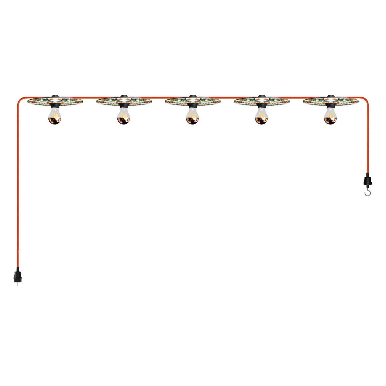 Maioliche' parangal Lumet sistem s 7,5 m tekstilnog kabela, 5 držača svjetiljki sa sjenilima, crnom kukom i utikačem
