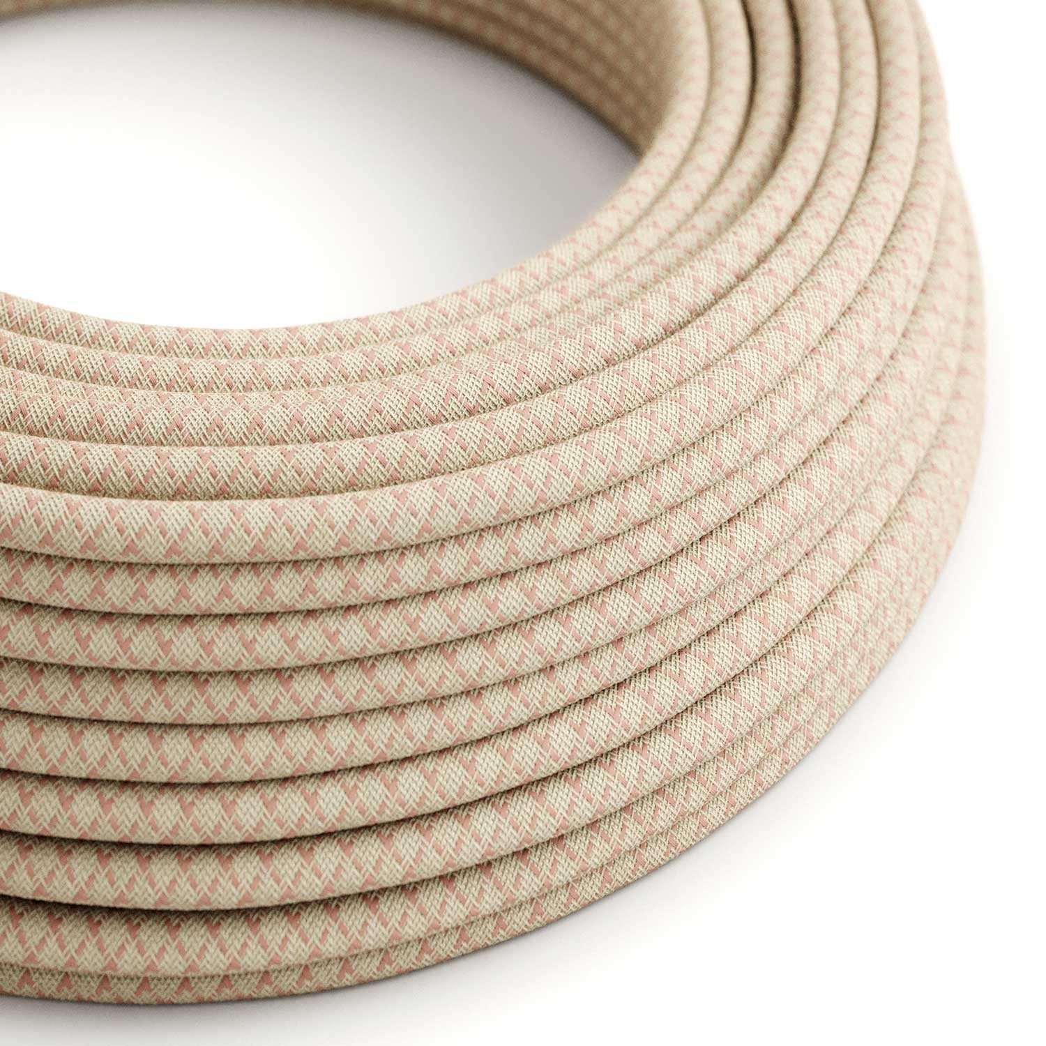 Okrugli tekstilni električni kabel RD61 romb, prirodni lan i ružičasti pamuk