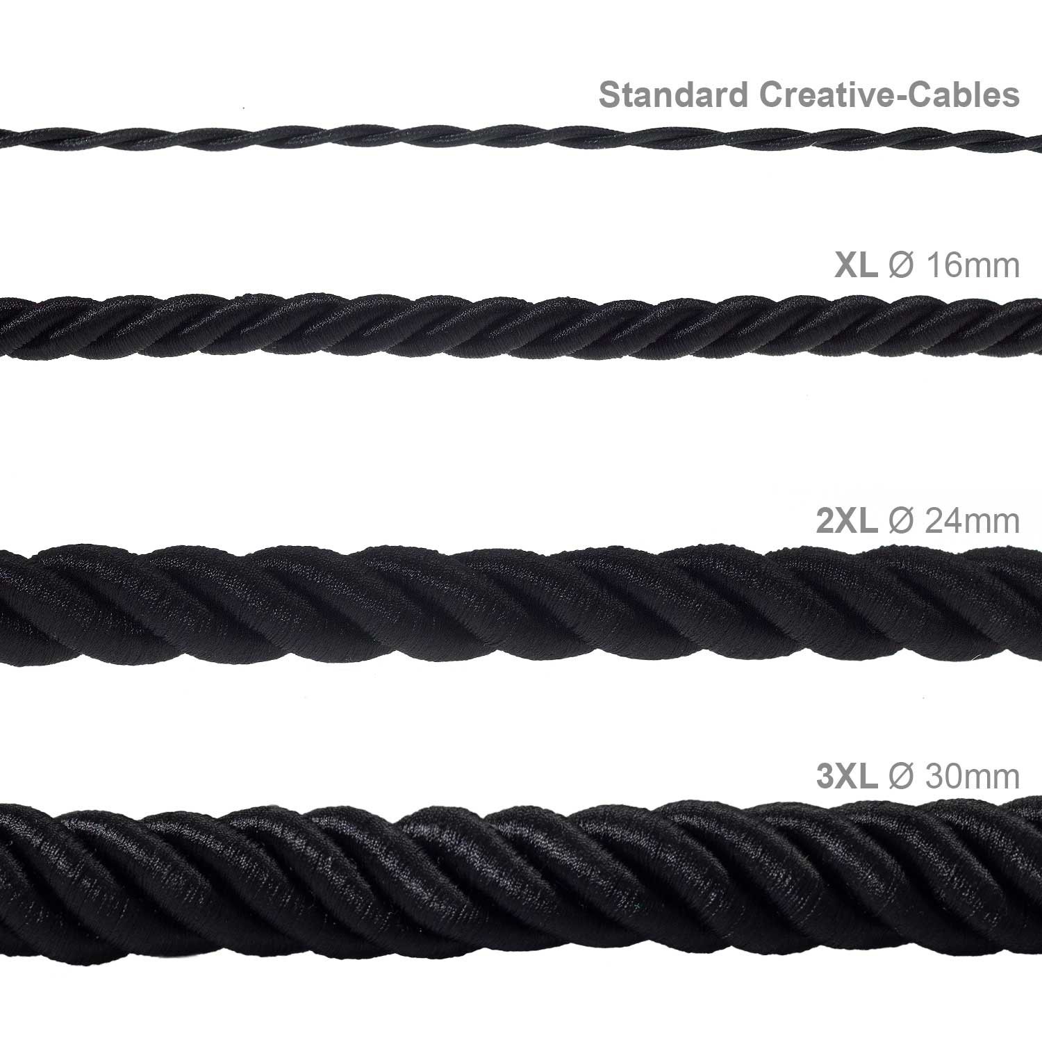 Električno uže XL, kabel 3x0,75 prekriven crnim sjajnim tekstilom. Promjer: 16mm.