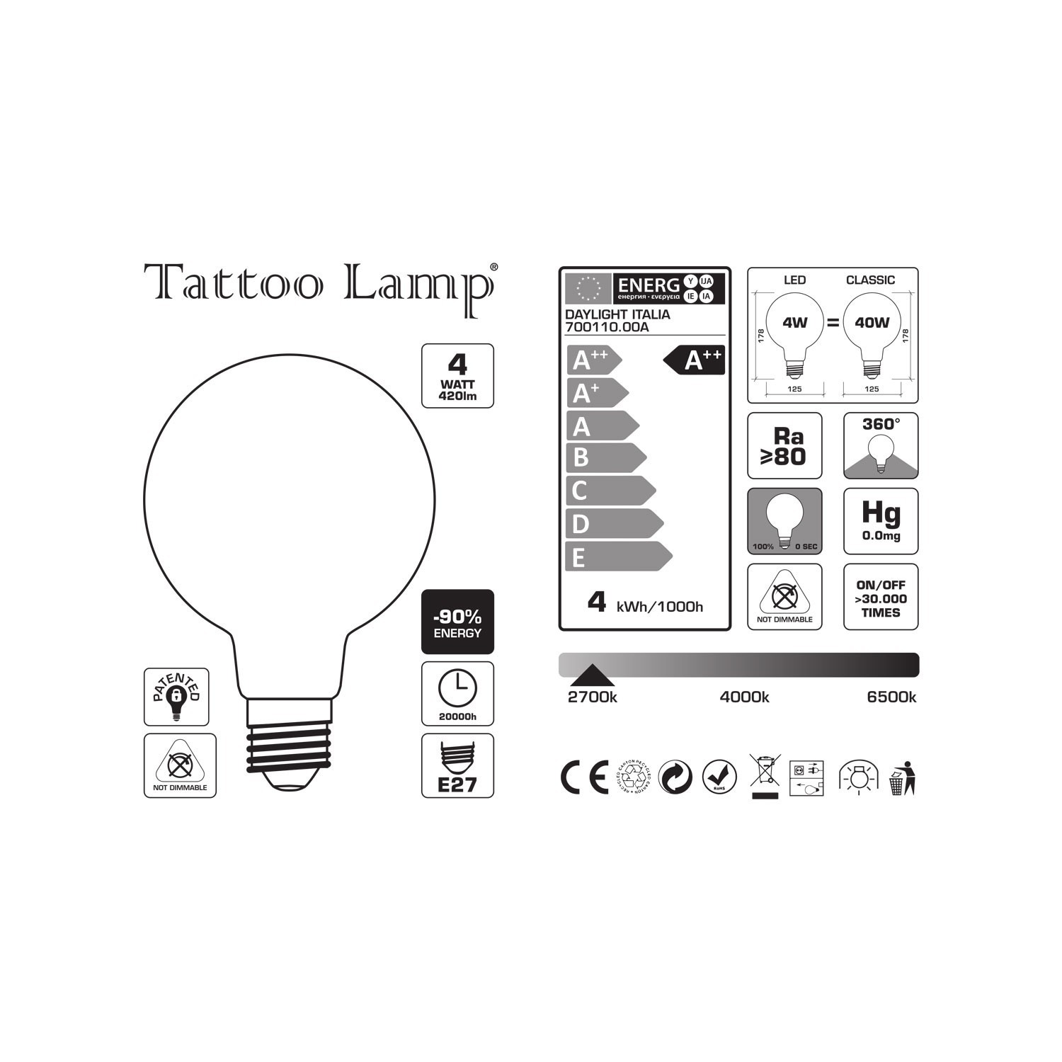 LED žarulja globus G125 zakrivljena spiralna nit - Tattoo Lamp® Otto 4W E27 2700K
