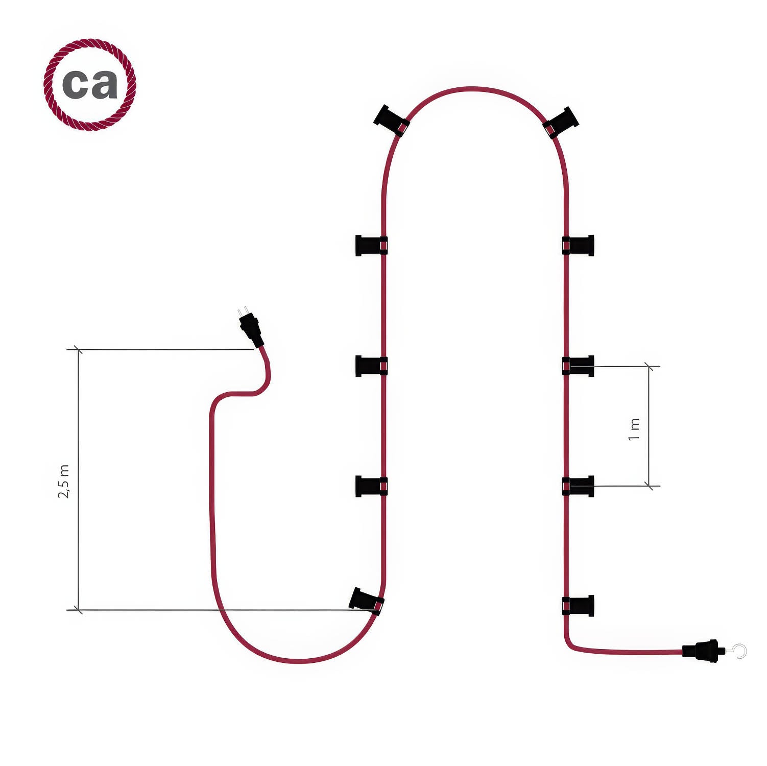 Catenaria Sistema Lumet da 12,5 m con cavo tessile CF15, 10 portalampada, gancio e spina bianchi