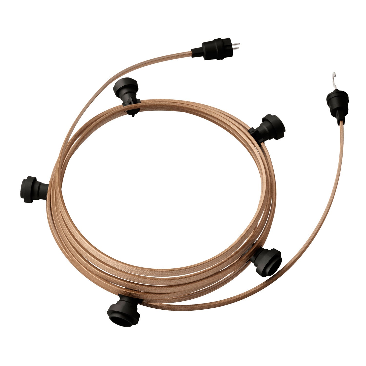 Catenaria Sistema Lumet da 7,5 m con cavo tessile CM27, 5 portalampada, gancio e spina neri