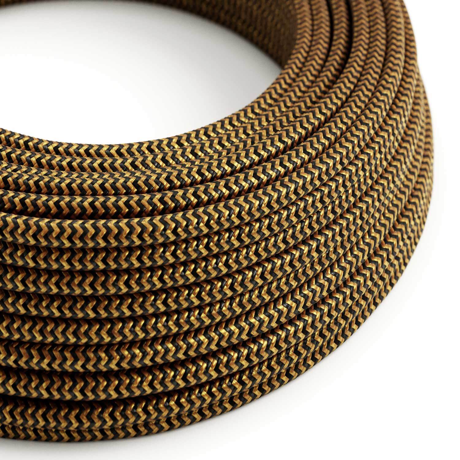 Filo elettrico in tessuto lucido Oro e Nero Carbone ZigZag - L'Originale Creative Cables, per lampade raffinate - RZ24