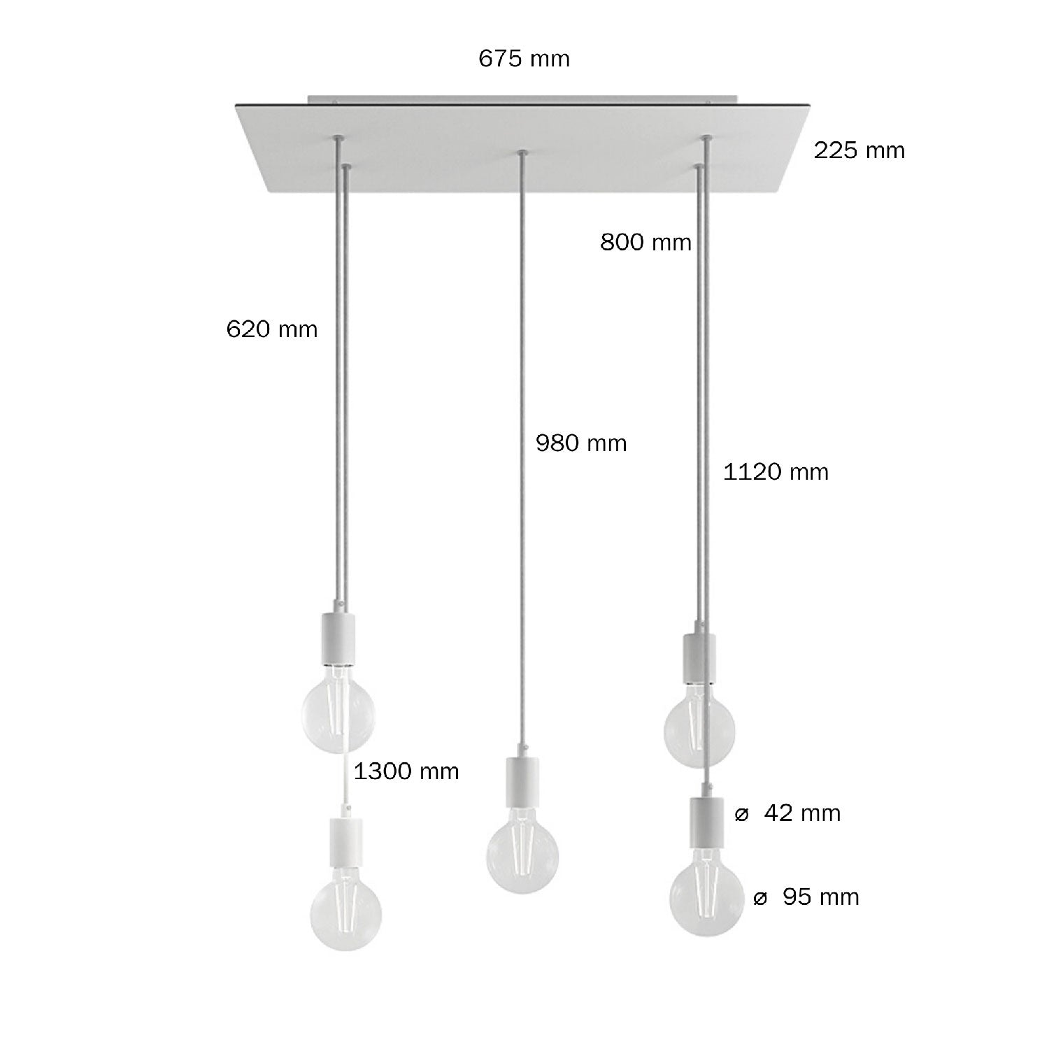 Lampada a sospensione a 5 cadute con XXL Rose-One rettangolare 675 mm con finiture in metallo - Acciaio satinato