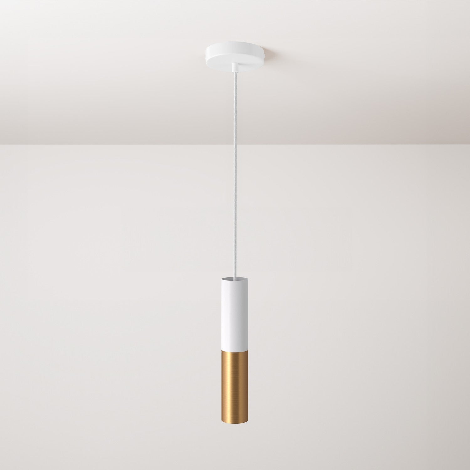 Lampada a sospensione completa di cavo tessile e doppio paralume Tub-E14 - Bianco opaco e Bronzo satinato