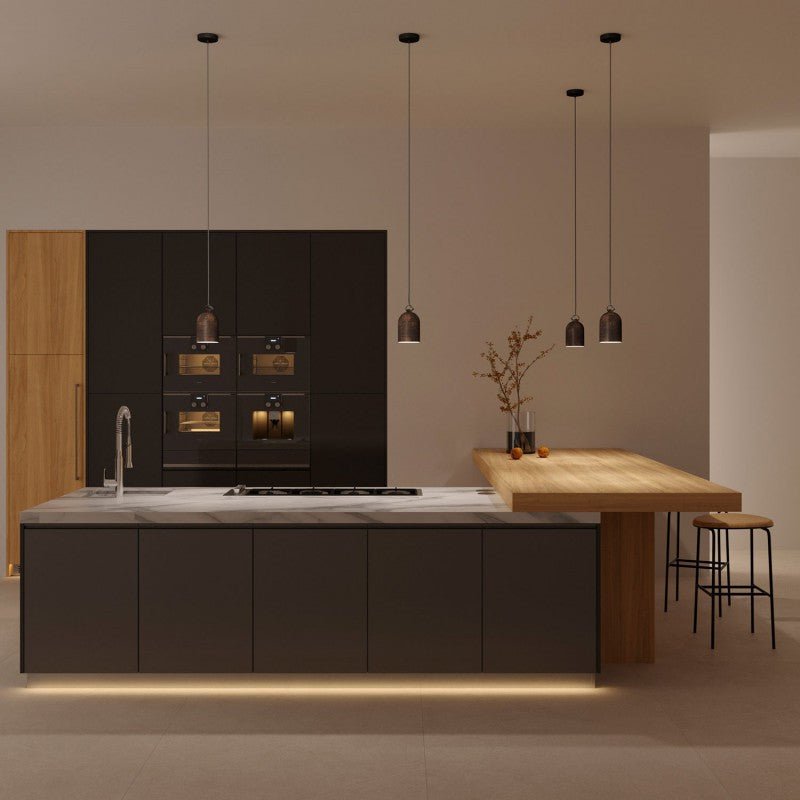 Lampada a sospensione completa di cavo tessile e paralume Mini Campana XS in ceramica - Effetto corten