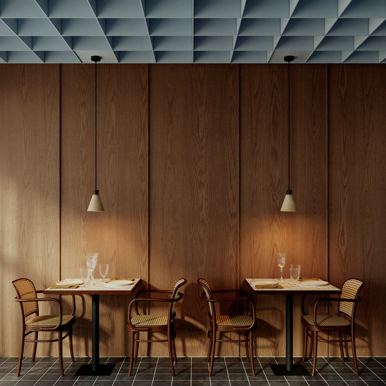 Lampada a sospensione con paralume conico in legno - Nero