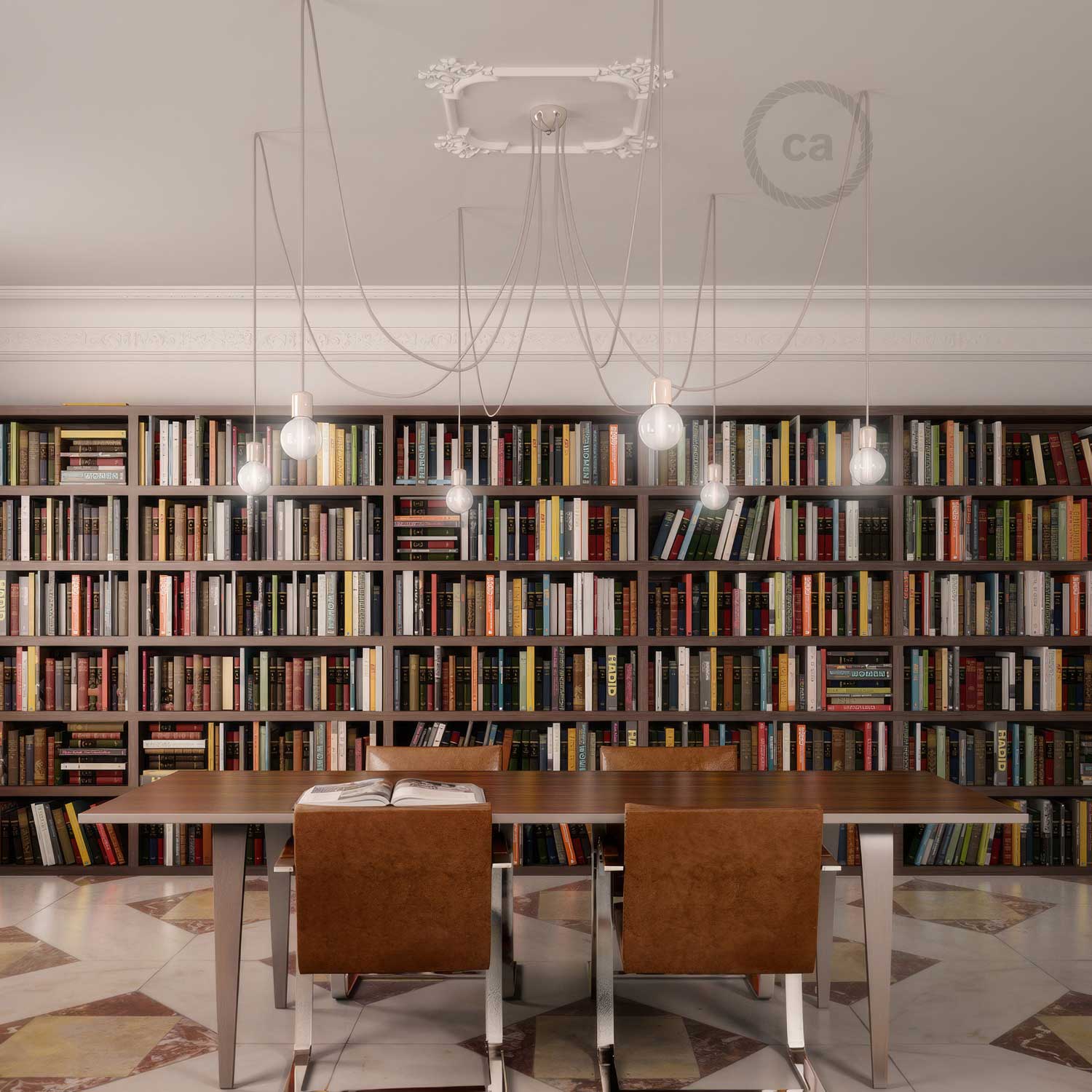 Lampada a sospensione multipla a 6 cadute con finiture in ceramica colorata - Bianco