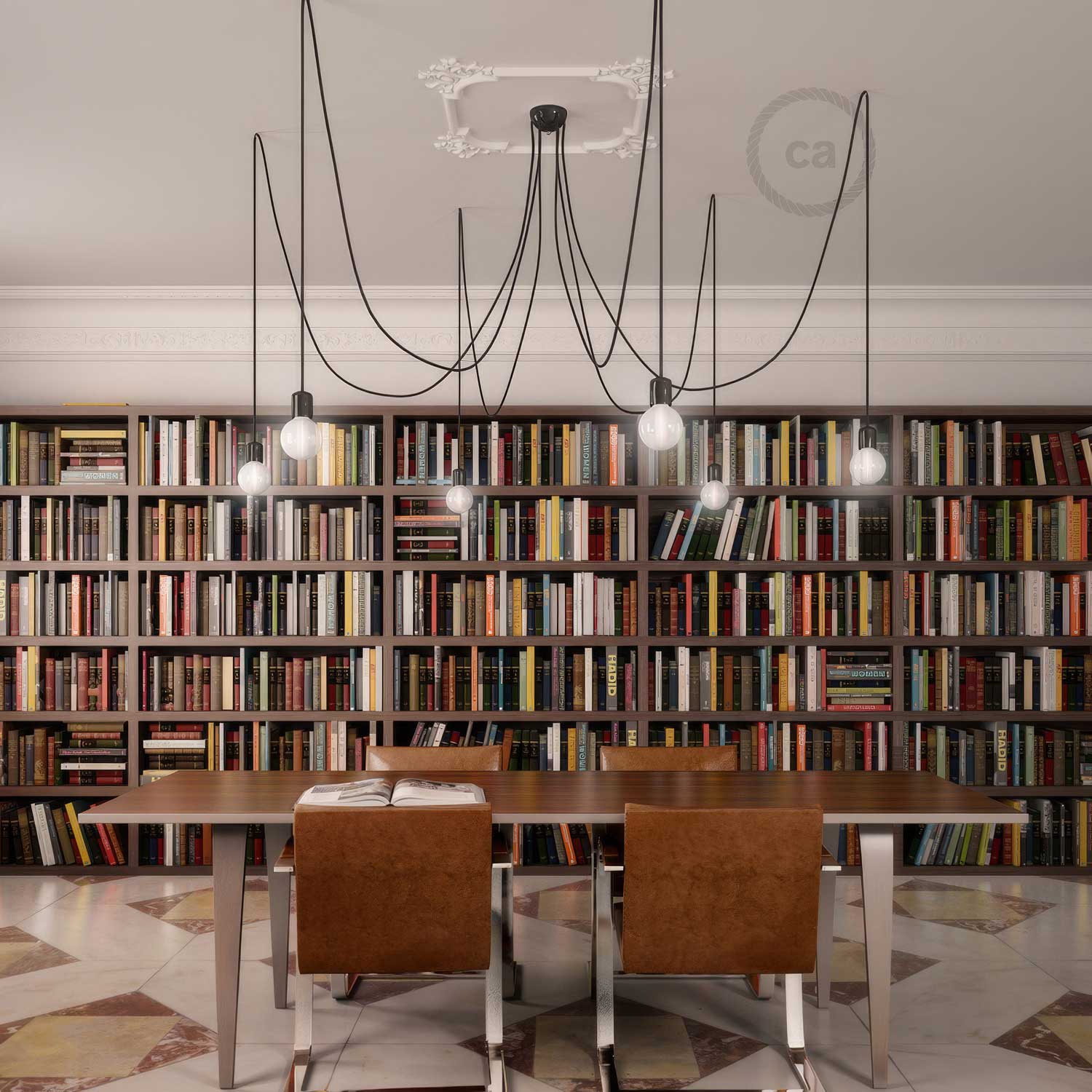 Lampada a sospensione multipla a 6 cadute con finiture in ceramica colorata - Nero