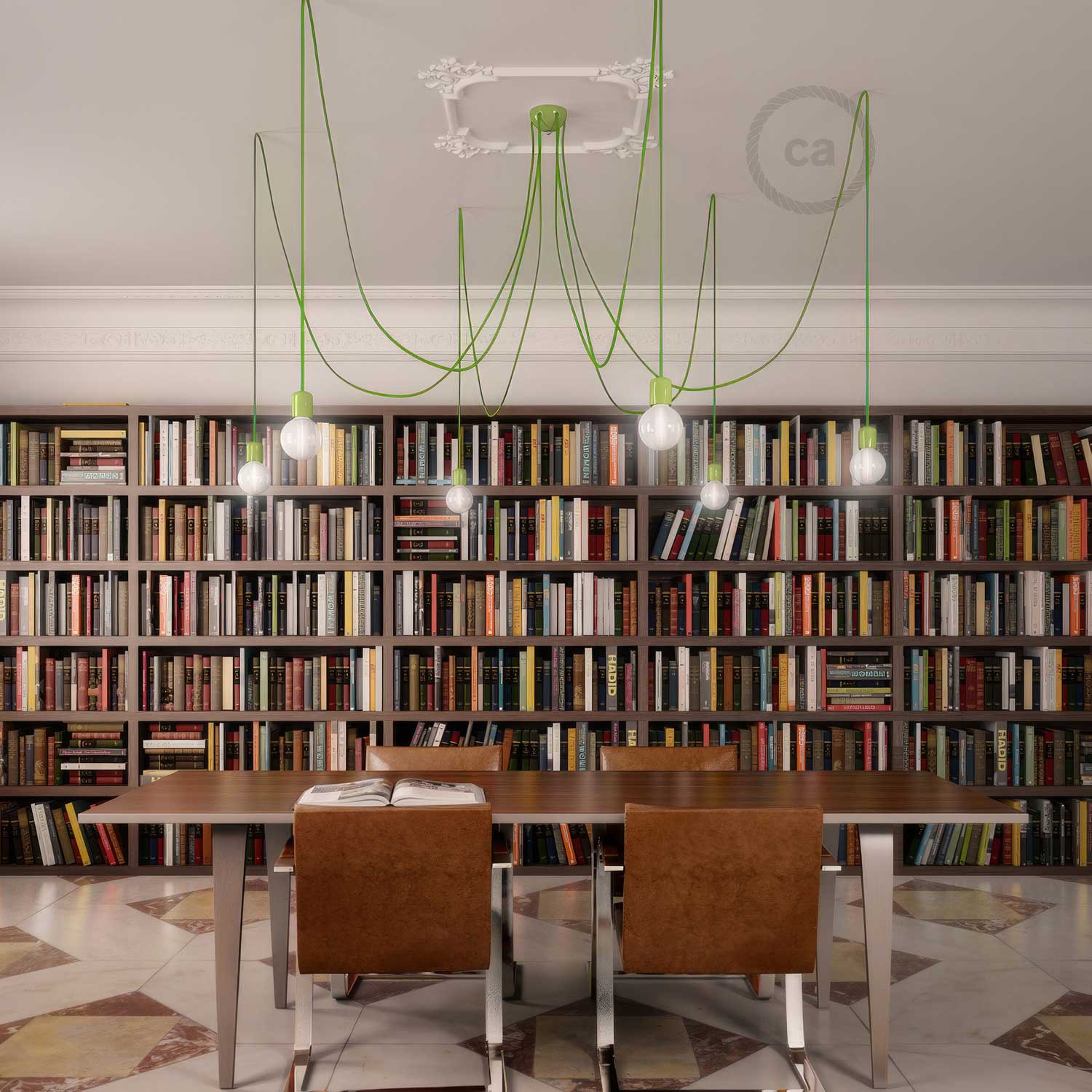 Lampada a sospensione multipla a 6 cadute con finiture in ceramica colorata - Verde