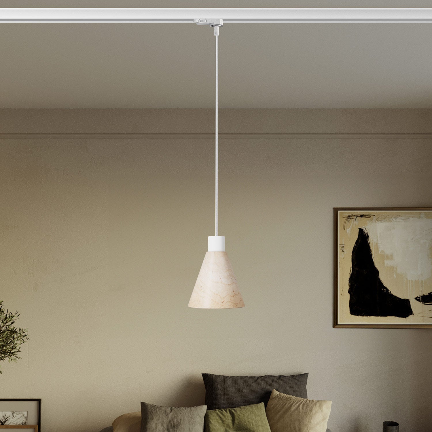 Lampada a sospensione per binari con paralume conico in legno - Bianco