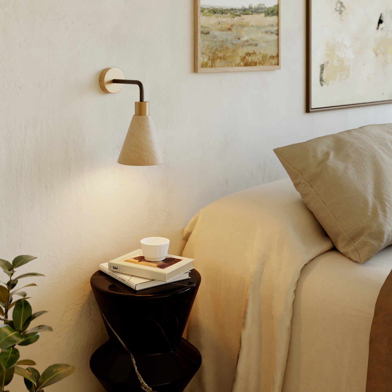 Lampada Fermaluce con paralume conico in legno ed estensione curva - Bronzo satinato