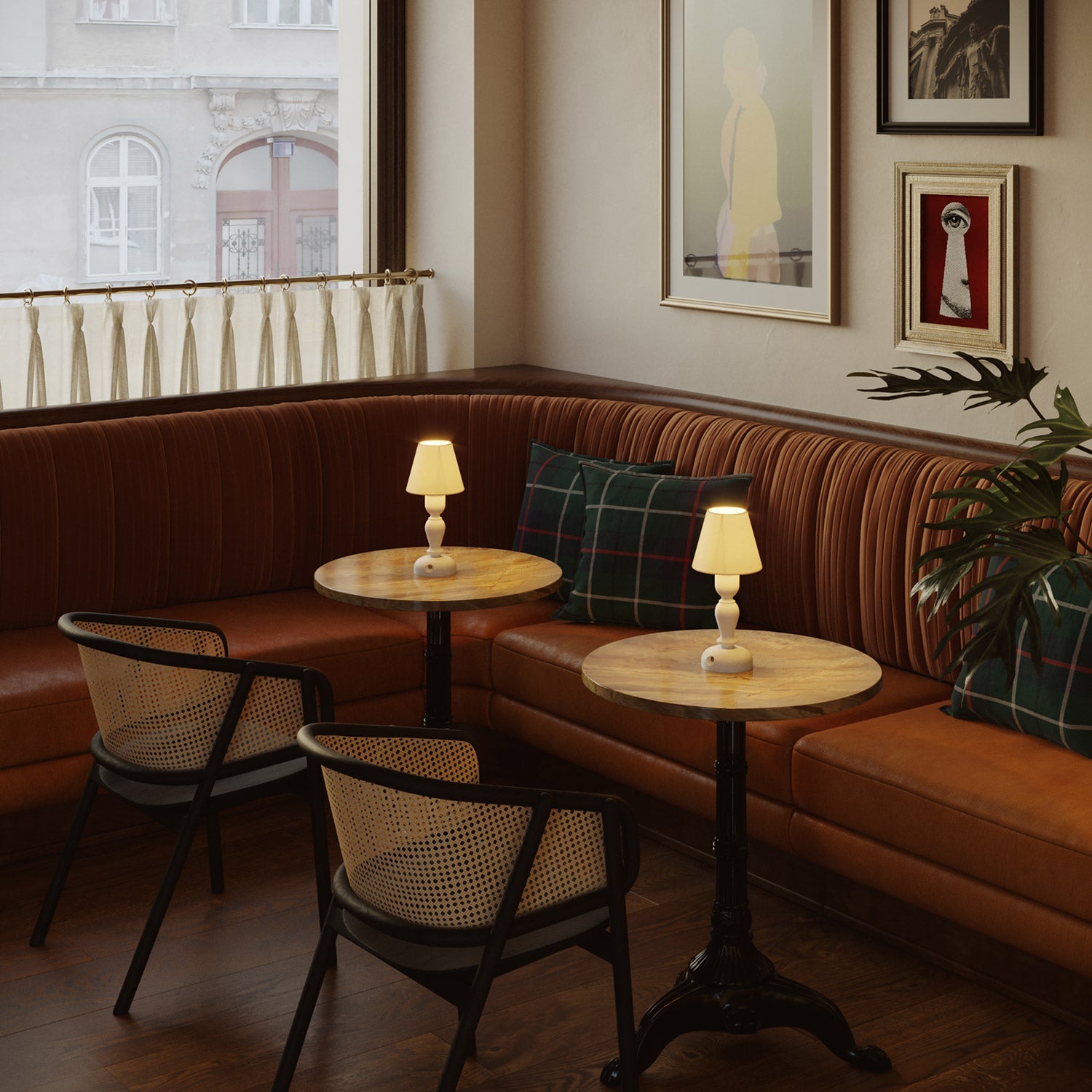 Lampada portatile ricaricabile Cabless14 con lampadina a goccia e paralume - Bianco