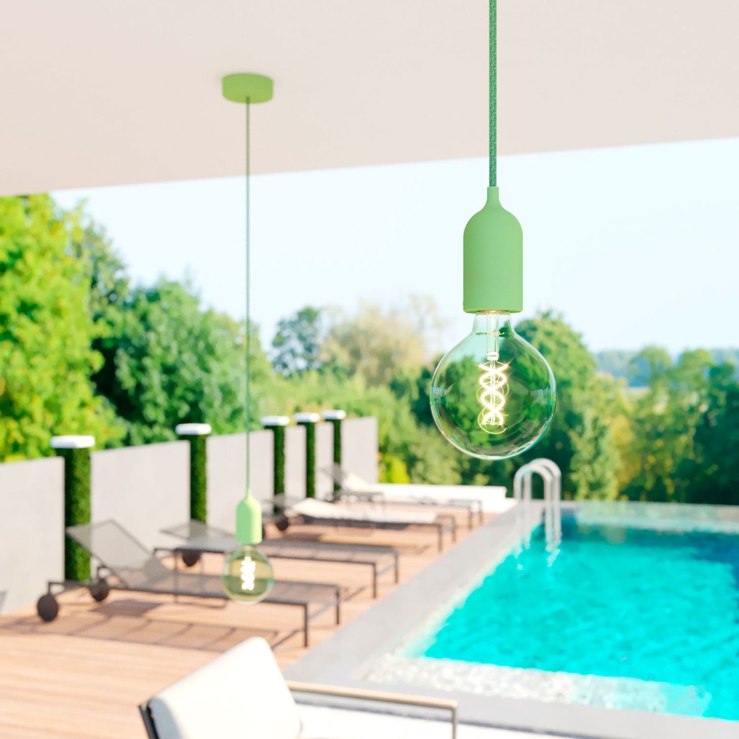 Modulair PASTEL Lampada da esterno con 1,5 m cavo tessile, rosone e portalampada in silicone IP65 waterproof - Verde prato