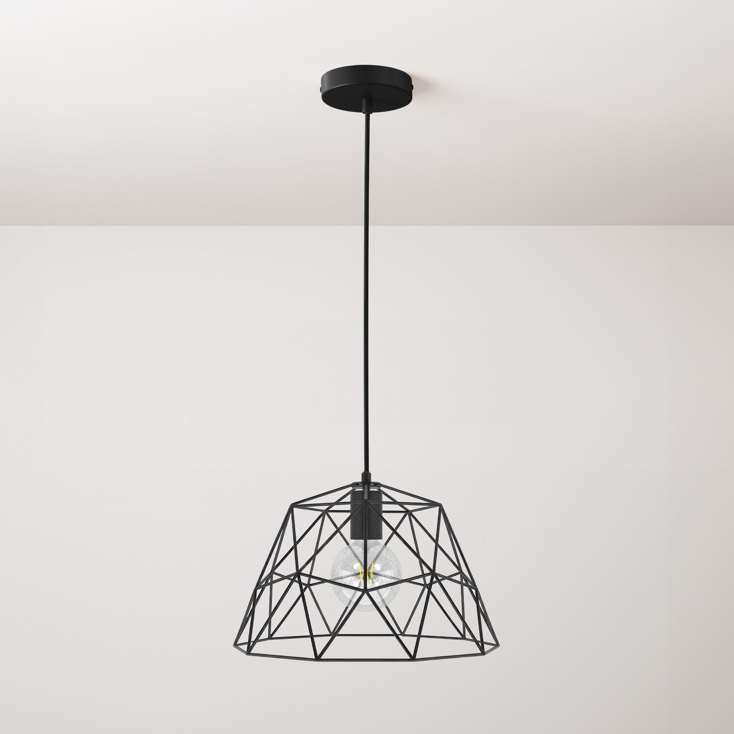 Pendant lamp with textile cable, Dome lampshade and metal details - Black