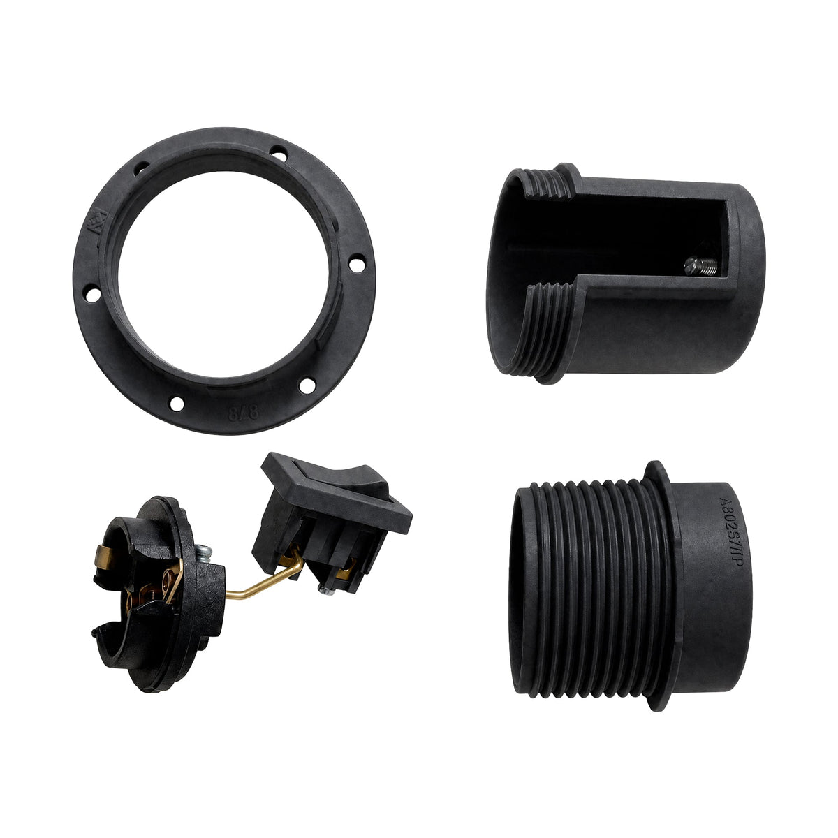 Portalampada E27 in termoplastica con camicia semifilettata, interruttore a bascula e ghiera - Nero