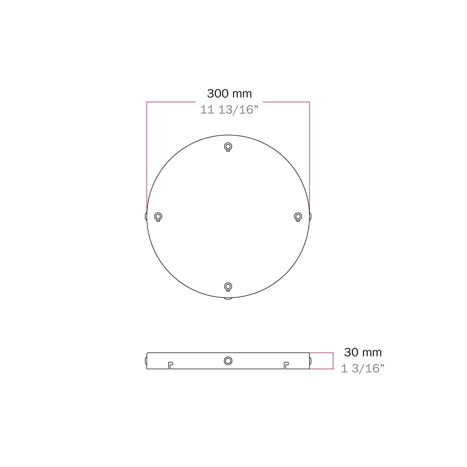 Rosone rotondo in alluminio Ø 30 cm con staffa e cavo di messa a terra, con 4 fori frontali - Bianco Opaco 3