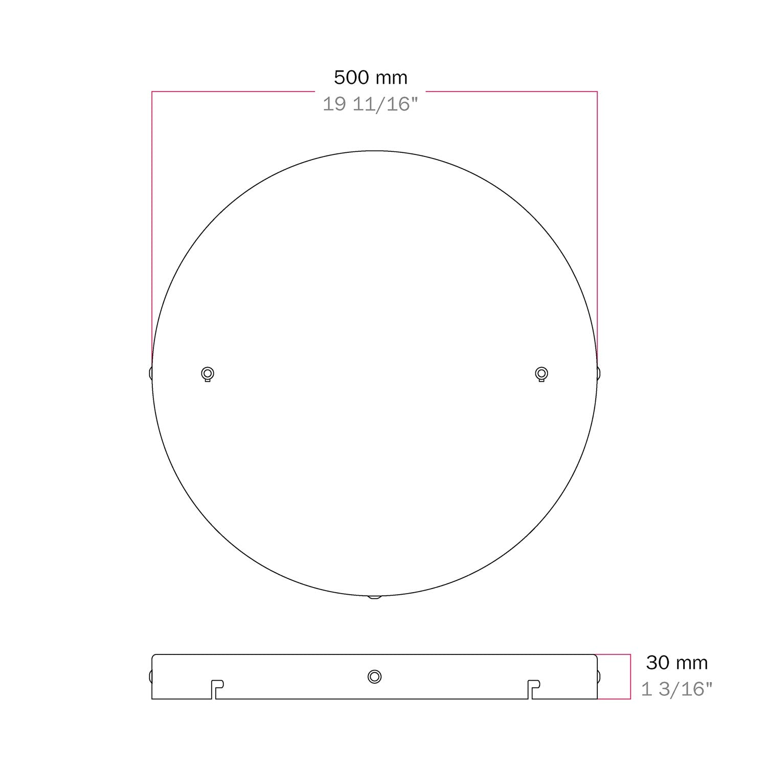 Rosone rotondo in alluminio Ø 50 cm con staffa e cavo di messa a terra, con 2 fori frontali - Bianco Opaco 3
