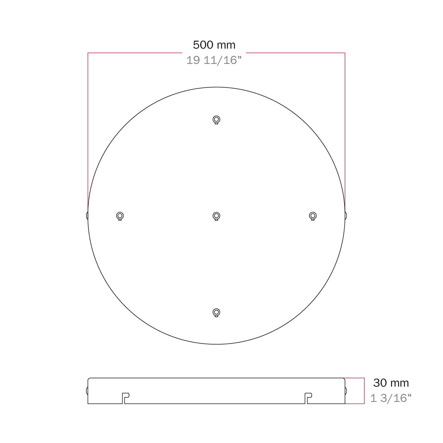 Rosone rotondo in alluminio Ø 50 cm con staffa e cavo di messa a terra, con 5 fori frontali - Nero 2