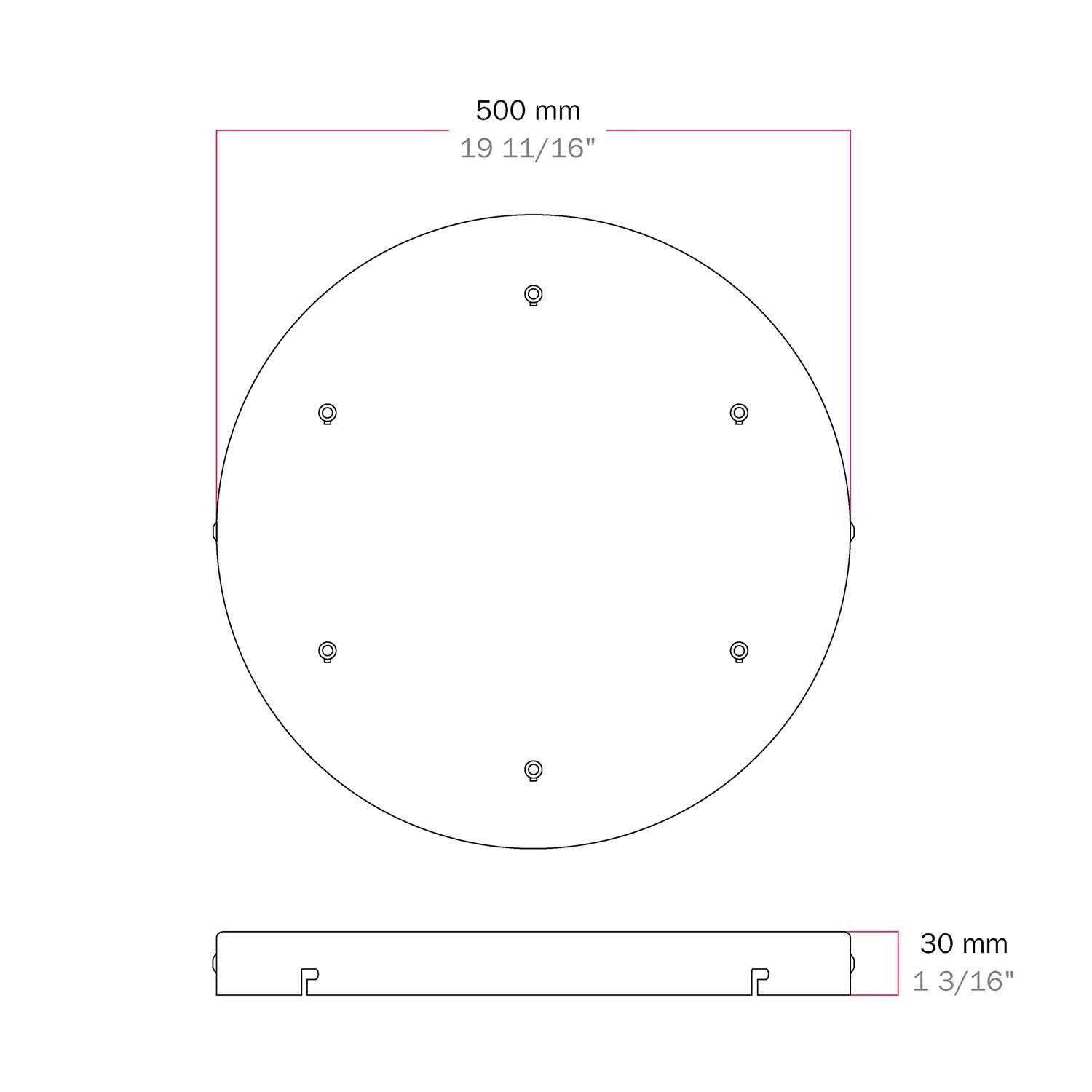Rosone rotondo in alluminio Ø 50 cm con staffa e cavo di messa a terra, con 6 fori frontali - Bianco Opaco 2