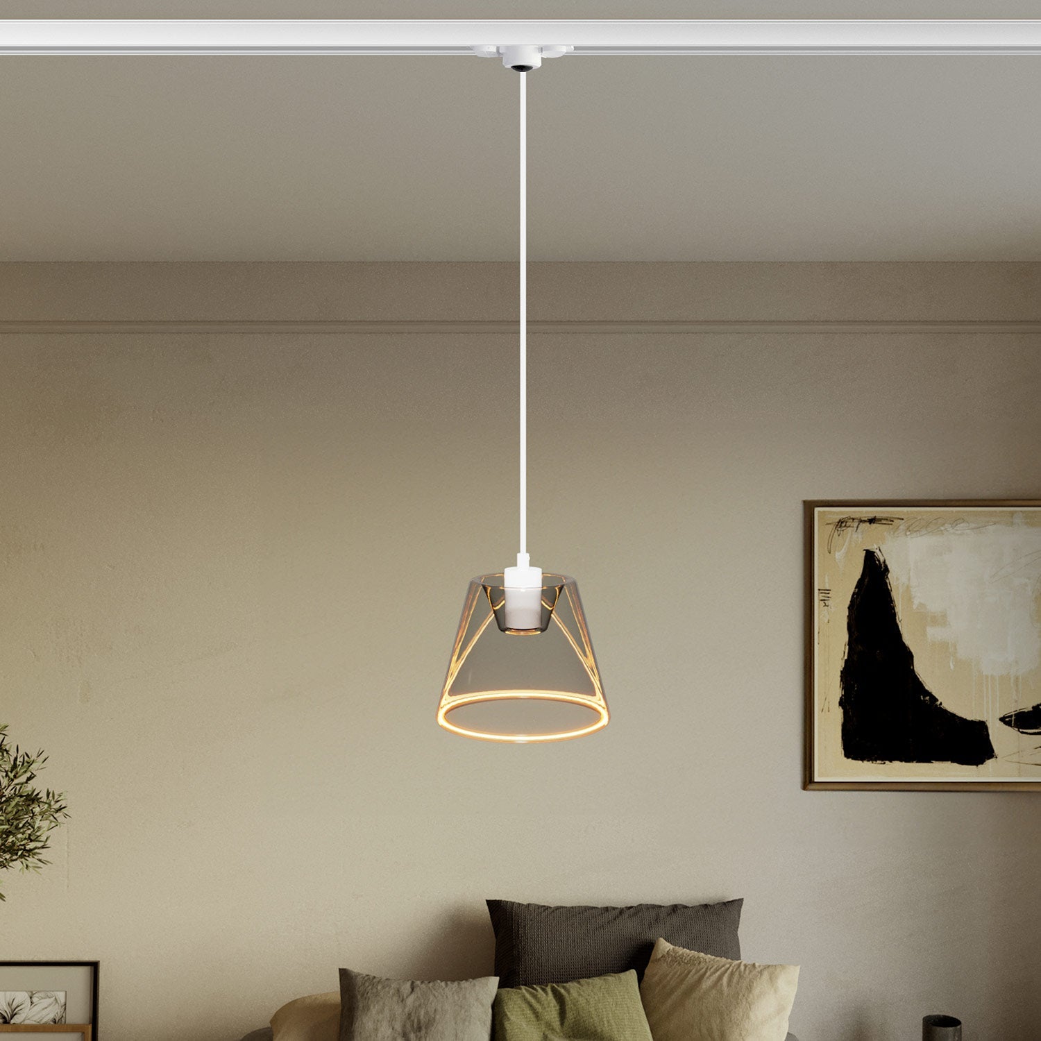 Sospensione per binari con lampadina Ghost a cono smoky - Bianco