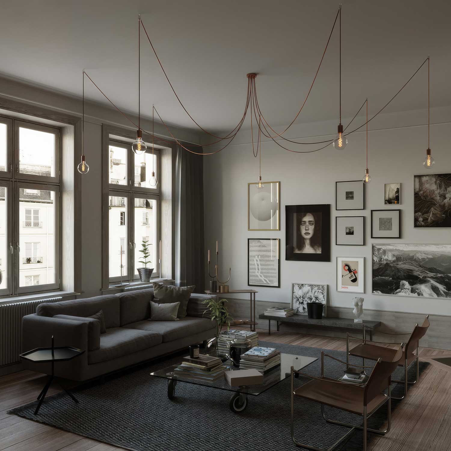 Spider - Lampada a sospensione multipla a 7 cadute con finiture in metallo - Rame